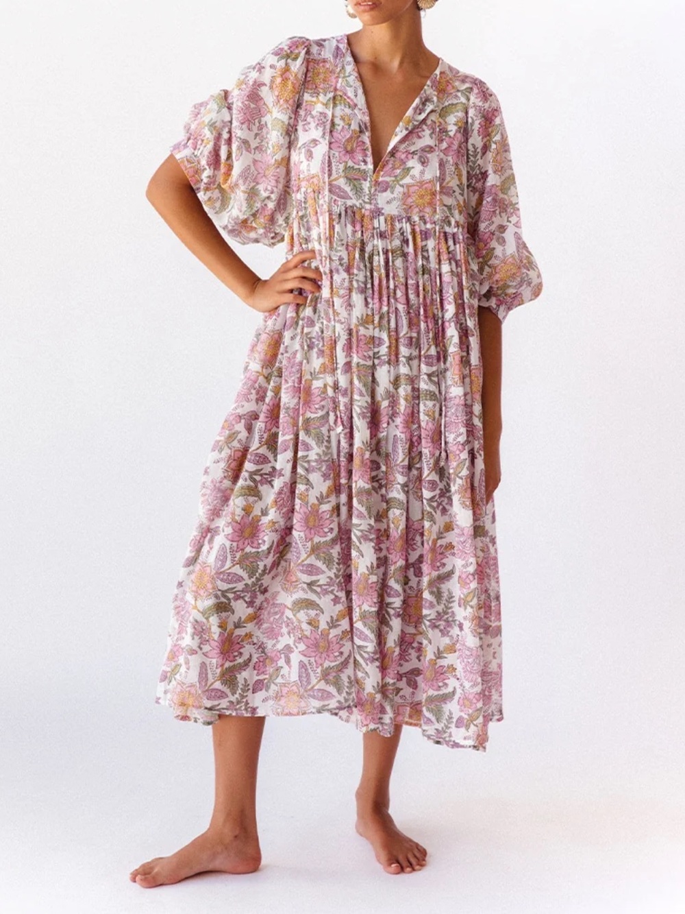 Daughters of India Floral Maxi Dress in Pink and Green